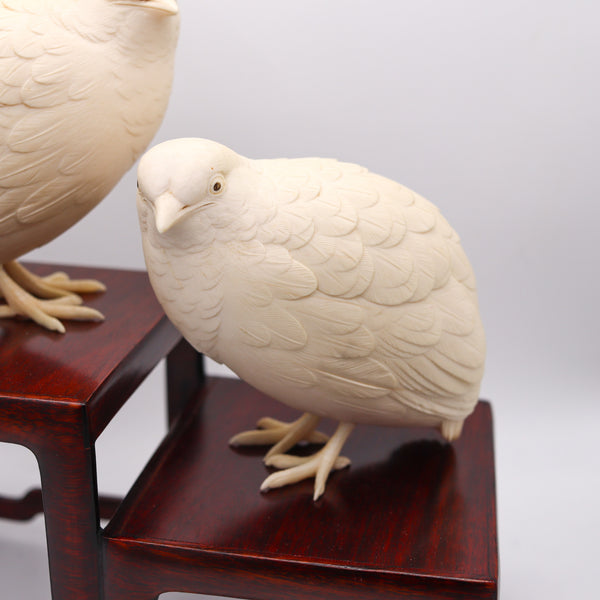 MEIJI 1890 Presentation Okimono Carved Pigeons In Wood Base Signed By The Artist