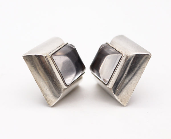 ITALIAN MODERNIST 1970 Clips-On Earrings In .925 Sterling With Rock Crystals
