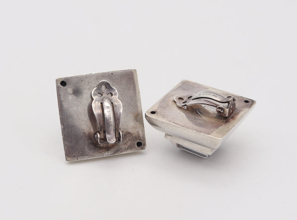 ITALIAN MODERNIST 1970 Clips-On Earrings In .925 Sterling With Rock Crystals