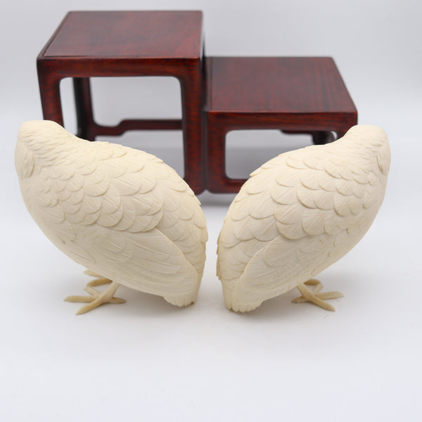 MEIJI 1890 Presentation Okimono Carved Pigeons In Wood Base Signed By The Artist