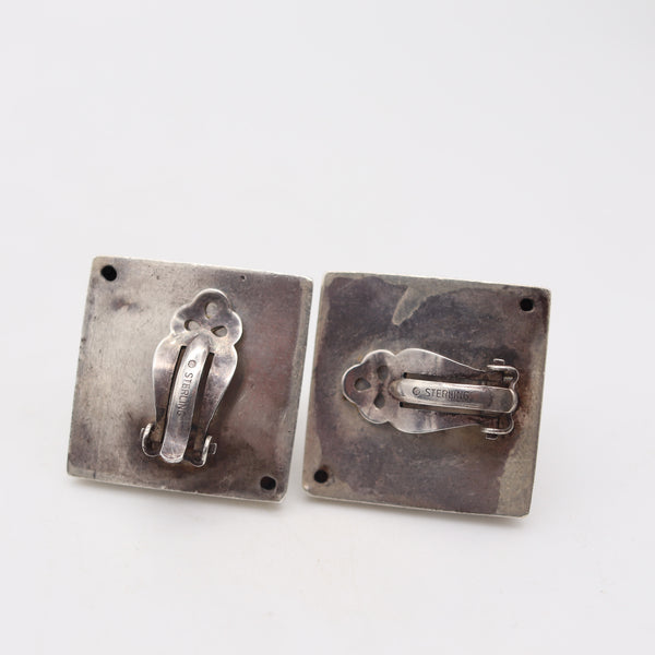 ITALIAN MODERNIST 1970 Clips-On Earrings In .925 Sterling With Rock Crystals