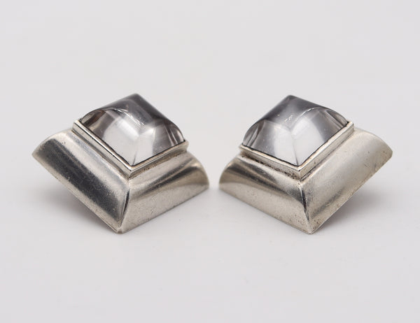 ITALIAN MODERNIST 1970 Clips-On Earrings In .925 Sterling With Rock Crystals