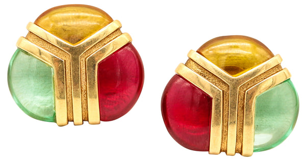 MODERNIST Italian Clips Earrings In Solid 18Kt Yellow Gold With Color Gemstones