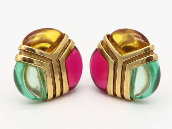 MODERNIST Italian Clips Earrings In Solid 18Kt Yellow Gold With Color Gemstones