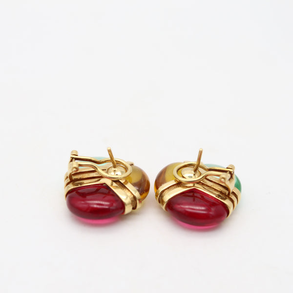 MODERNIST Italian Clips Earrings In Solid 18Kt Yellow Gold With Color Gemstones