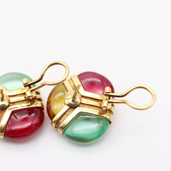 MODERNIST Italian Clips Earrings In Solid 18Kt Yellow Gold With Color Gemstones