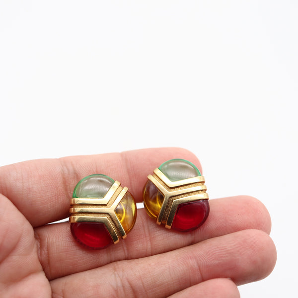 MODERNIST Italian Clips Earrings In Solid 18Kt Yellow Gold With Color Gemstones