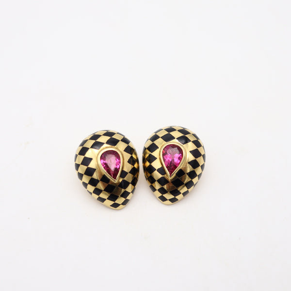 ANGELA CUMMINGS 1985 Clips-On Inlaid Earrings In 18Kt Gold With Rubellites