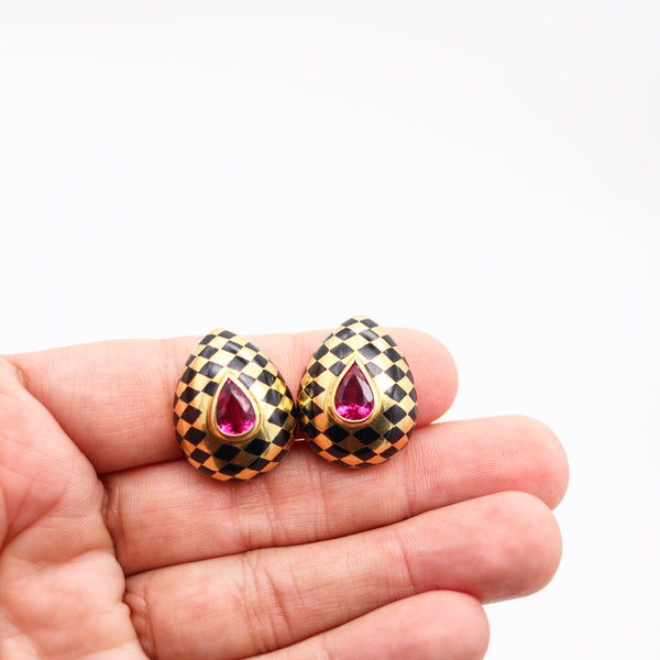 ANGELA CUMMINGS 1985 Clips-On Inlaid Earrings In 18Kt Gold With Rubellites