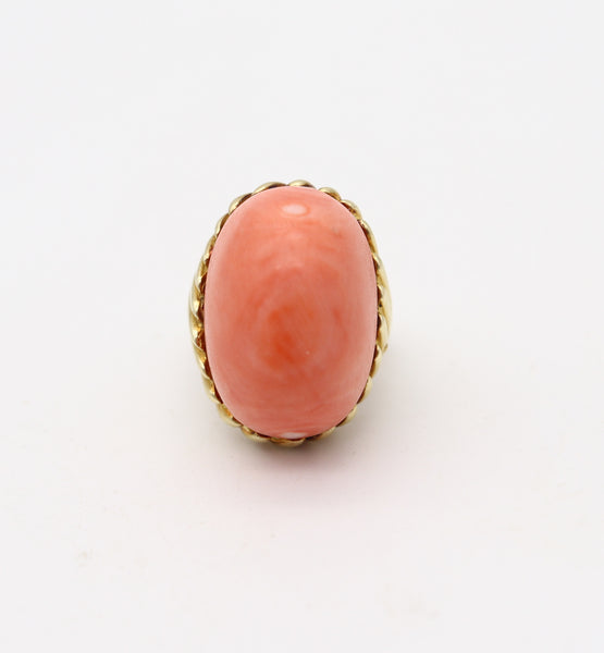 ITALIAN 1960 Modernist Fluted Cocktail Ring In 14Kt Gold & Oversized Coral