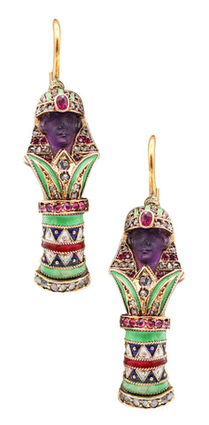 -Carl Bacher 1870 Austrian Enameled Egyptian Revival Earrings In 18Kt Gold With Gems