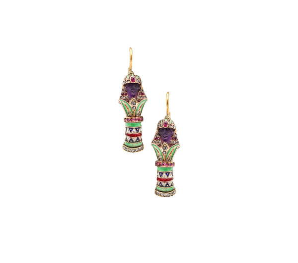 -Carl Bacher 1870 Austrian Enameled Egyptian Revival Earrings In 18Kt Gold With Gems