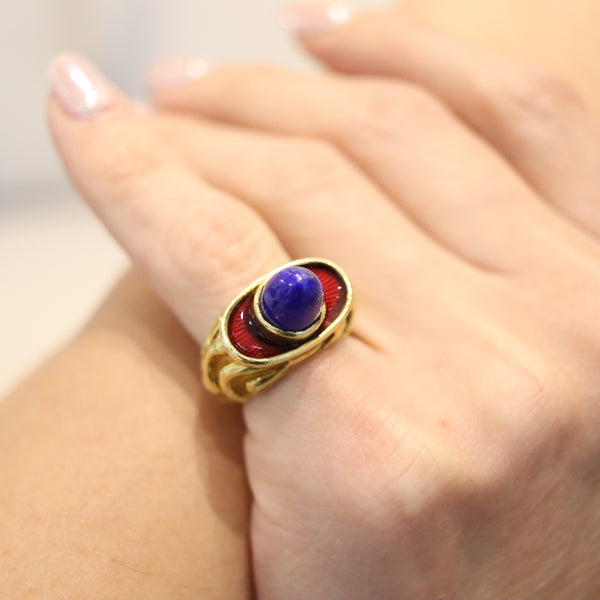 ELIZABETH GAGE England Sculptural Enameled Ring In 18Kt Gold With Lapis Lazuli