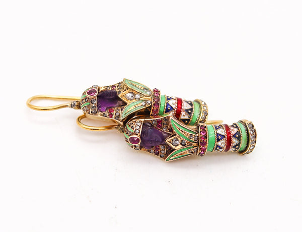 -Carl Bacher 1870 Austrian Enameled Egyptian Revival Earrings In 18Kt Gold With Gems