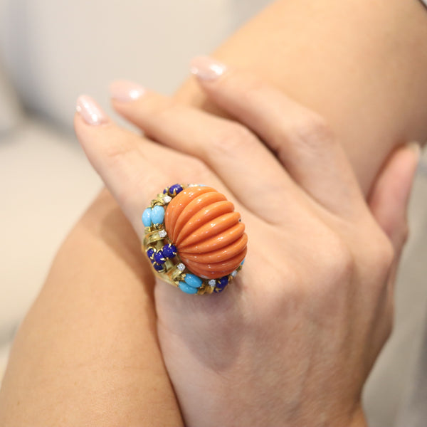 ITALIAN 1960 Cluster Cocktail Ring In 14Kt With Coral Lapis Turquoises & Diamonds