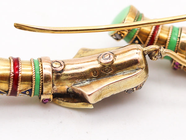 -Carl Bacher 1870 Austrian Enameled Egyptian Revival Earrings In 18Kt Gold With Gems