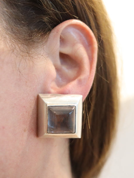 ITALIAN MODERNIST 1970 Clips-On Earrings In .925 Sterling With Rock Crystals