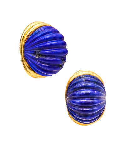 MODERNIST 1970 Italian Fluted Clips-On Earrings In 18Kt Gold With Lapis Lazuli