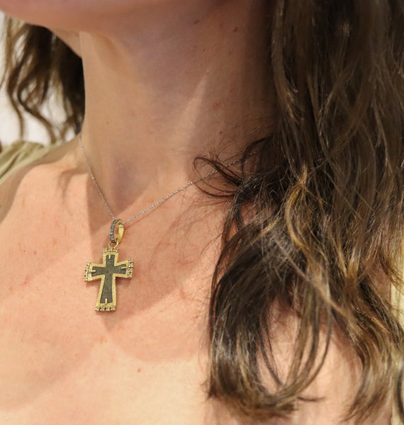 BYZANTINE 1650 Orthodox Cross In Copper 18Kt Vermeil Sterling And Diamonds