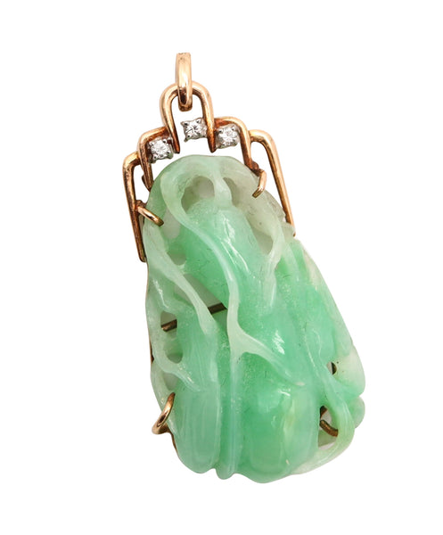 ORIENTALISM Pendant With Organic Motifs In 14Kt Gold 23.06 Cts Jade & Diamonds