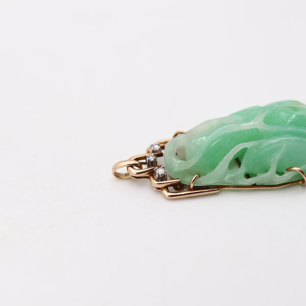 ORIENTALISM Pendant With Organic Motifs In 14Kt Gold 23.06 Cts Jade & Diamonds