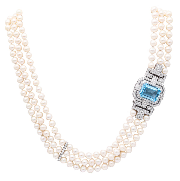 CLASSIC Three Strands Pearls Necklace In 18Kt White Gold Aquamarine & Diamonds