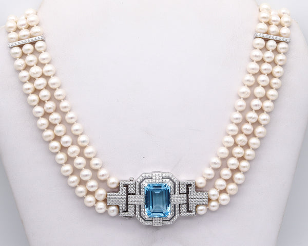 CLASSIC Three Strands Pearls Necklace In 18Kt White Gold Aquamarine & Diamonds