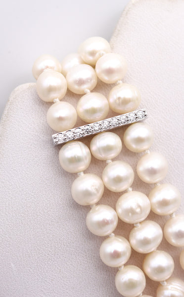 CLASSIC Three Strands Pearls Necklace In 18Kt White Gold Aquamarine & Diamonds