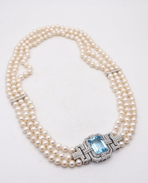 CLASSIC Three Strands Pearls Necklace In 18Kt White Gold Aquamarine & Diamonds