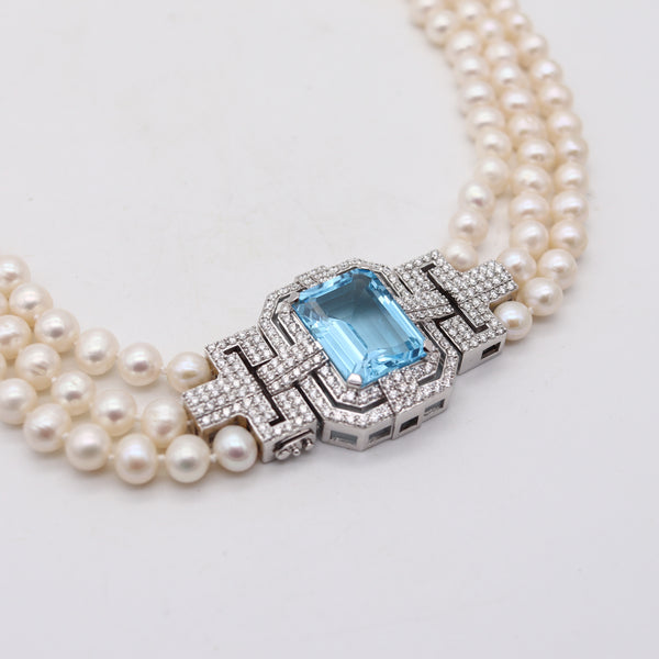 CLASSIC Three Strands Pearls Necklace In 18Kt White Gold Aquamarine & Diamonds