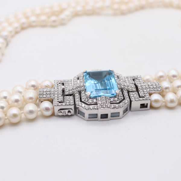 CLASSIC Three Strands Pearls Necklace In 18Kt White Gold Aquamarine & Diamonds