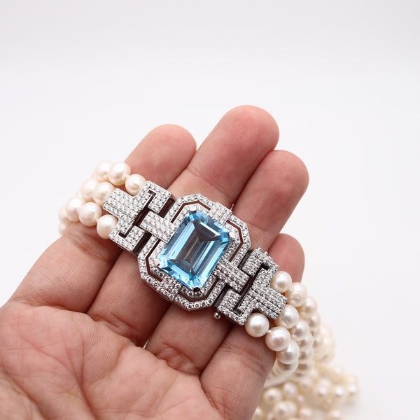 CLASSIC Three Strands Pearls Necklace In 18Kt White Gold Aquamarine & Diamonds