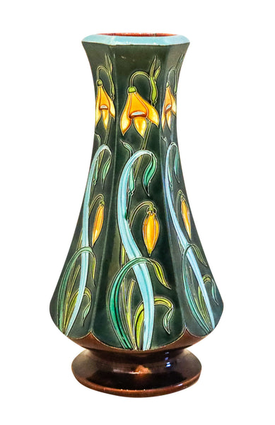 MAJOLICA 1890 French Art Nouveau Polychromate Tall Hexagonal Vase