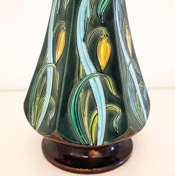 MAJOLICA 1890 French Art Nouveau Polychromate Tall Hexagonal Vase