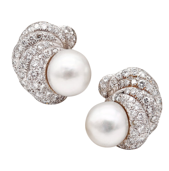 DAVID WEBB 1977 South Seas Pearls Clips-On Earrings Platinum And 8.84 Cwt Diamonds