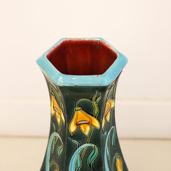 MAJOLICA 1890 French Art Nouveau Polychromate Tall Hexagonal Vase