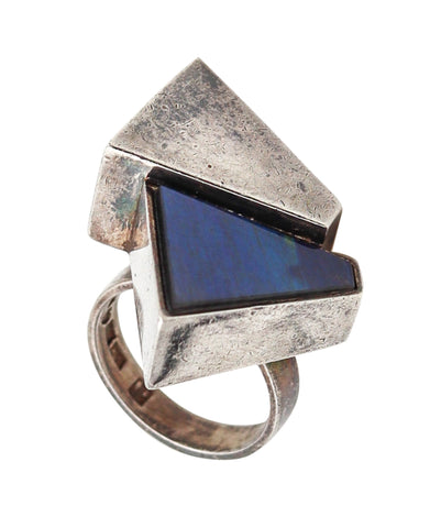 -Kaunis Koru 1974 Finland Geometric Ring In .925 Sterling Silver With Labradorite
