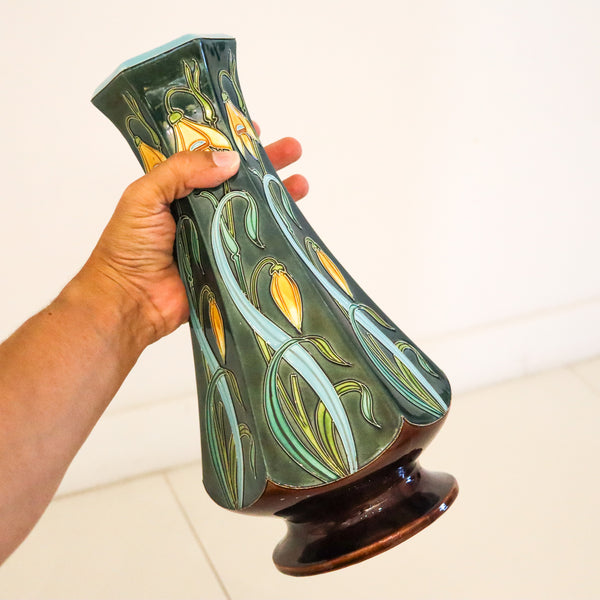 MAJOLICA 1890 French Art Nouveau Polychromate Tall Hexagonal Vase