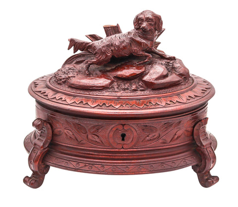 VICTORIAN 1880 Carved Wood Desk Oval Box With Hunting Dog