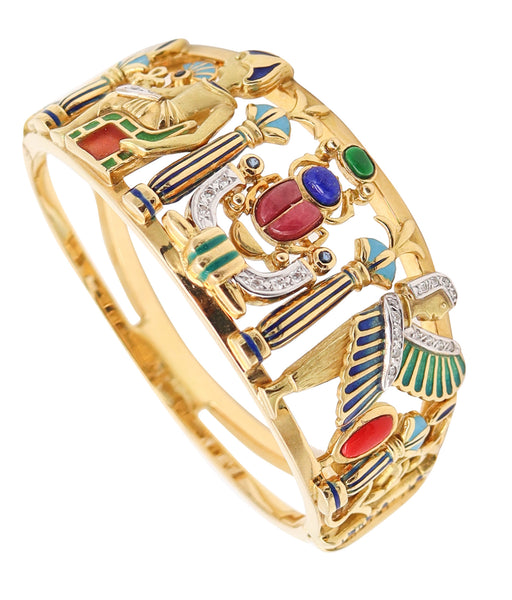 EGYPTIAN REVIVAL Bangle Bracelet In 18Kt Yellow Gold With Gemstones & Enamel
