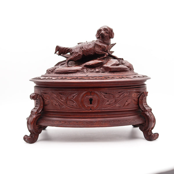 VICTORIAN 1880 Carved Wood Desk Oval Box With Hunting Dog