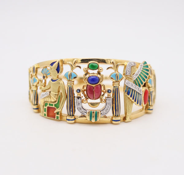 EGYPTIAN REVIVAL Bangle Bracelet In 18Kt Yellow Gold With Gemstones & Enamel
