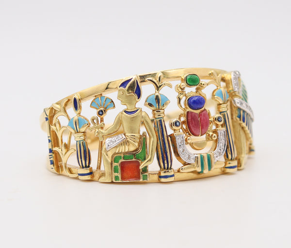 EGYPTIAN REVIVAL Bangle Bracelet In 18Kt Yellow Gold With Gemstones & Enamel