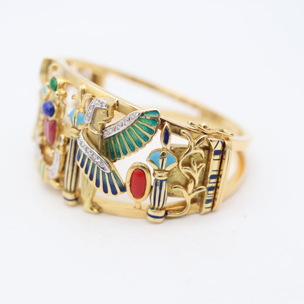 EGYPTIAN REVIVAL Bangle Bracelet In 18Kt Yellow Gold With Gemstones & Enamel