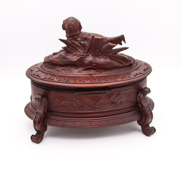 VICTORIAN 1880 Carved Wood Desk Oval Box With Hunting Dog