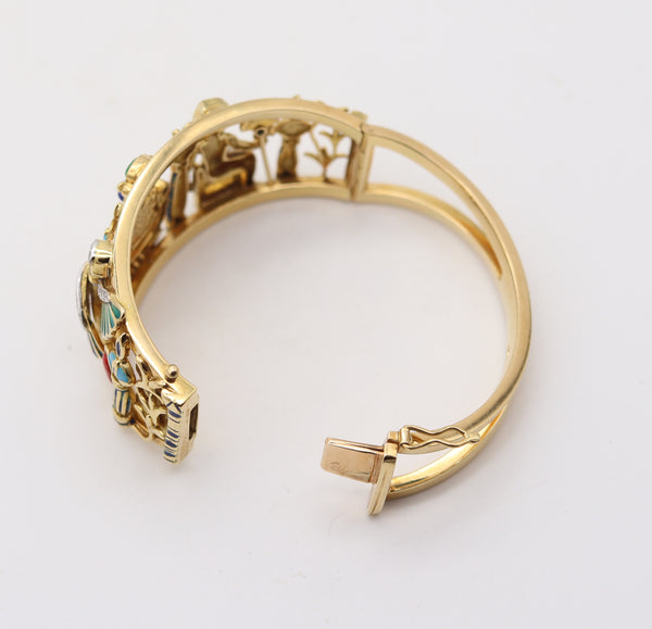 EGYPTIAN REVIVAL Bangle Bracelet In 18Kt Yellow Gold With Gemstones & Enamel