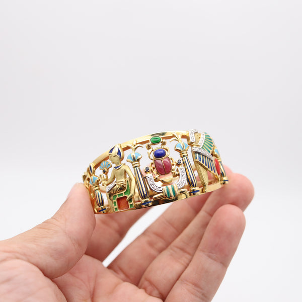 EGYPTIAN REVIVAL Bangle Bracelet In 18Kt Yellow Gold With Gemstones & Enamel