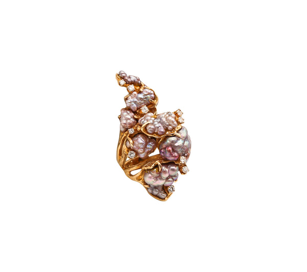 JAMES ARNOLD FREW 1960 Sculptural Cocktail Ring In 14Kt Gold With Pearls & Diamonds