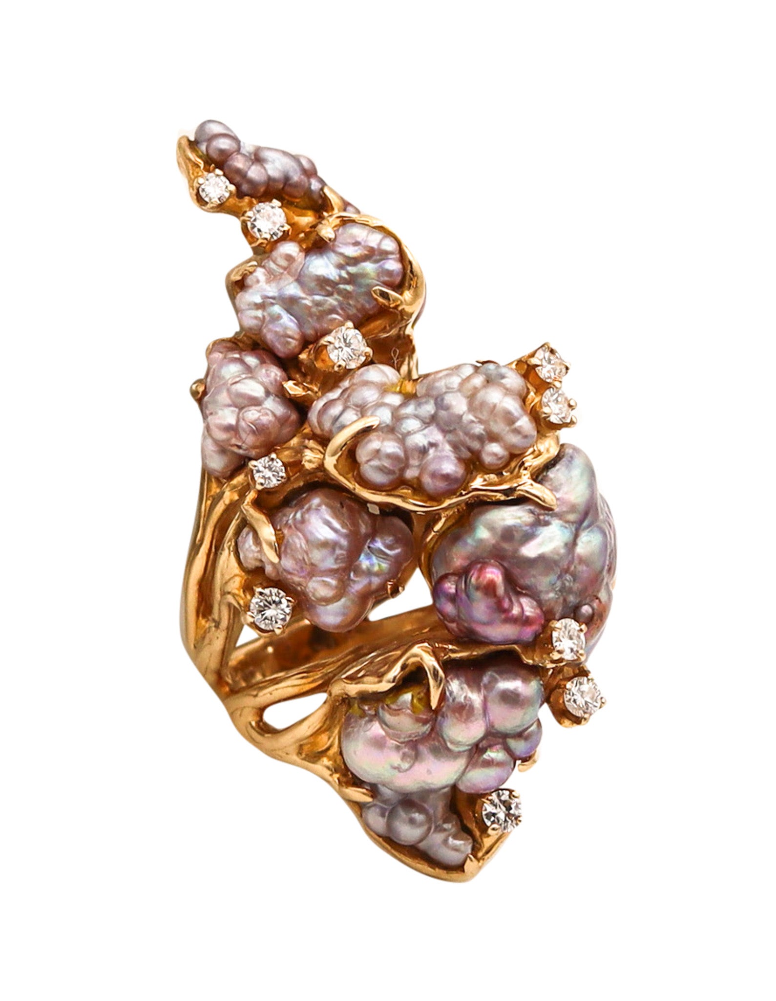 JAMES ARNOLD FREW 1960 Sculptural Cocktail Ring In 14Kt Gold With Pearls & Diamonds