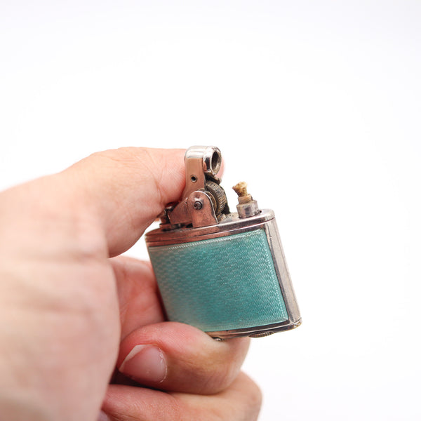 RONSON 1928 First Model Enameled Junior Petrol Lighter In .925 Sterling Silver
